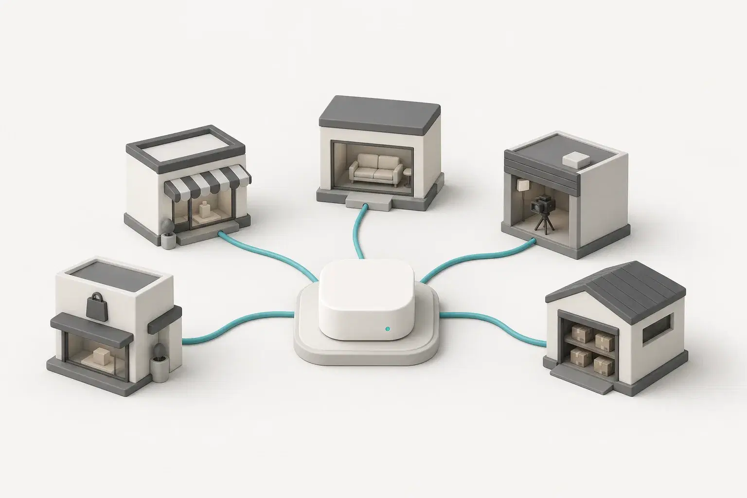 Illustration of one central hub connected by cables to several different retail stores and a warehouse