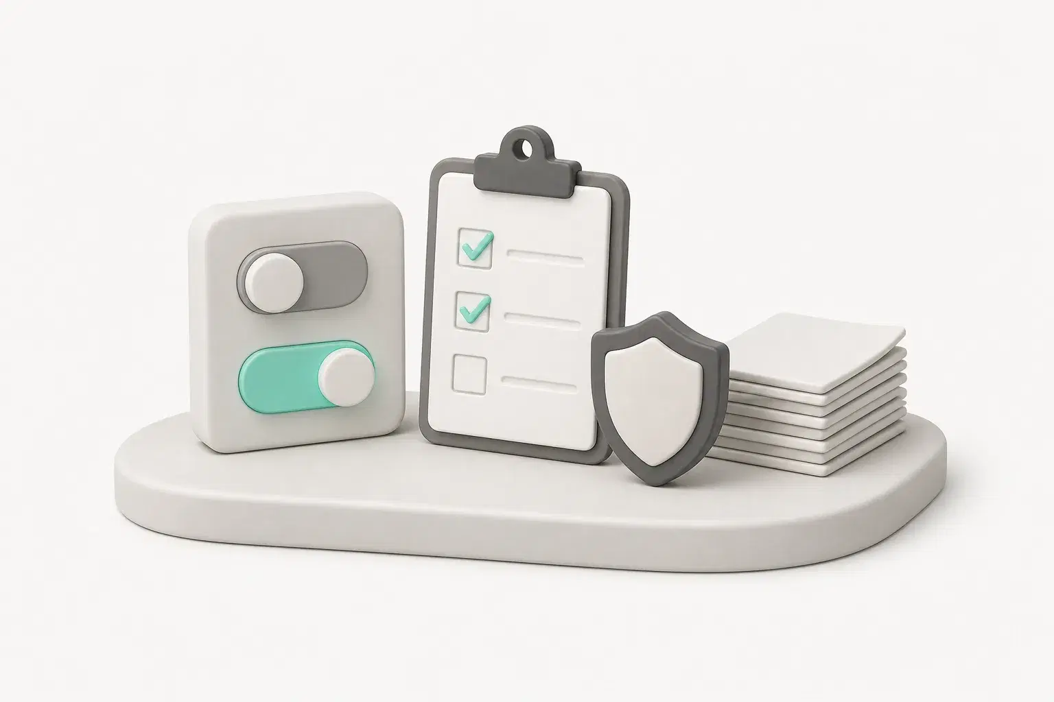 Illustration of two switches, one off and one on, beside a checklist and a shield