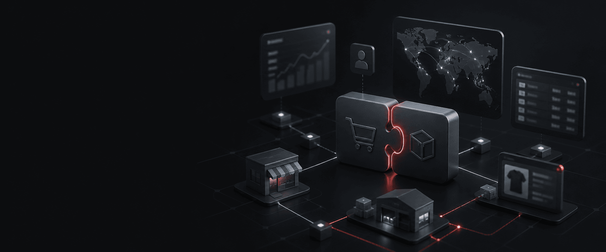 Isometric illustration of connected commerce: puzzle pieces, storefront, data screens, and network lines on a dark grid
