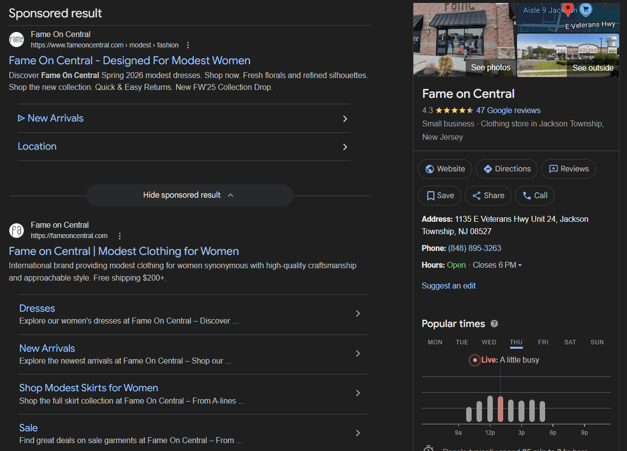 Fame on Central in search